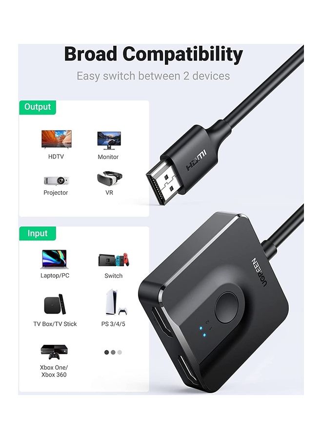 يو جرين محول ومقسم ‎ثلاثي الأبعاد بمدخلي HDMI ومخرج HDMI  بكابل يدعم جودة 4K عند تردد 60 هرتز ودقة 1080p لأجهزة الكمبيوتر واللابتوب والسويتش ومشغل بلو-راي وأجهزة روكو وتي في ستيك وإكس بوكس وبلايستيشن 5 وبلايستيشن 4 وشاشات التلفزيون بدقة عالية الوضوح أسود - Image 5